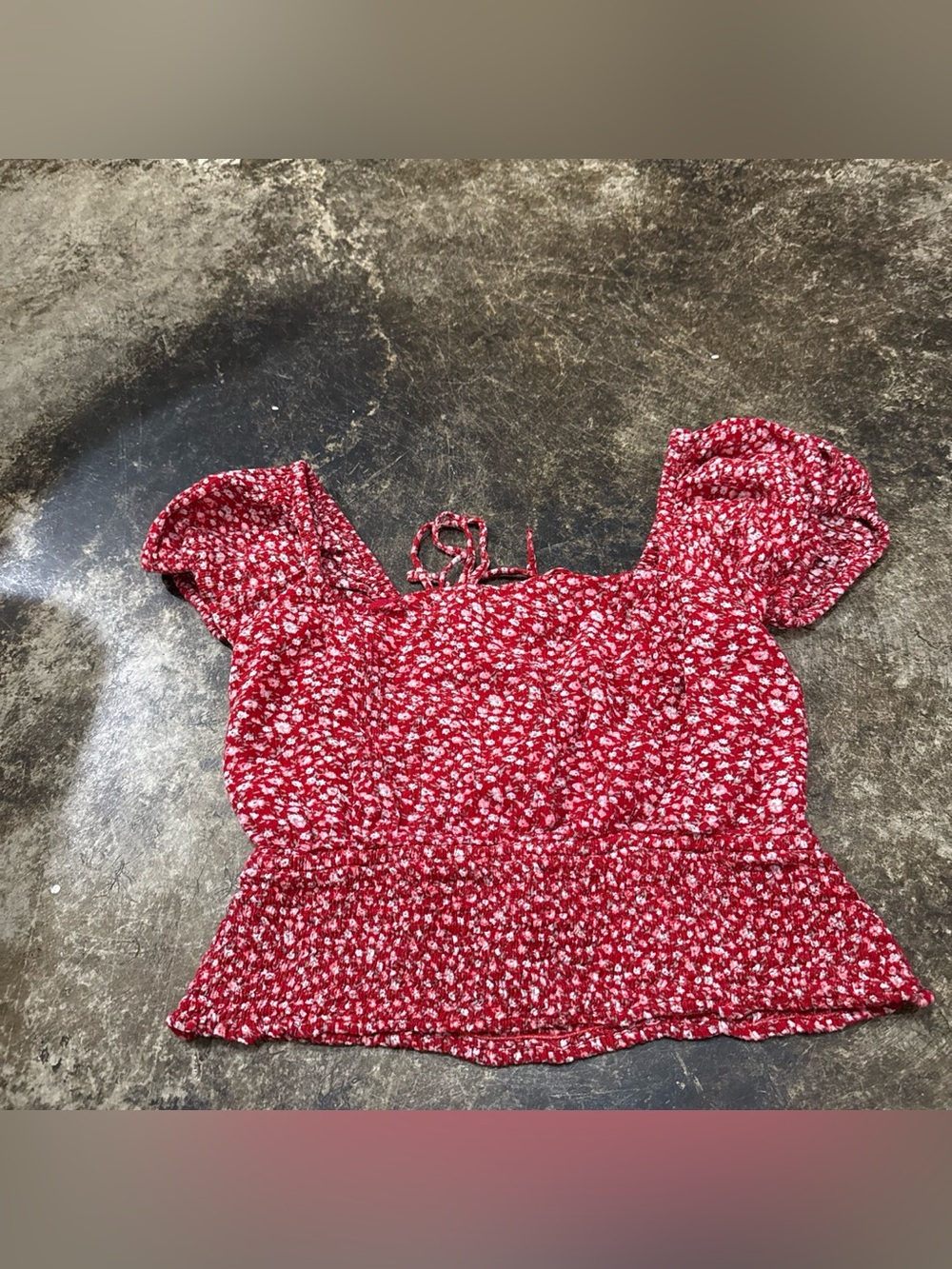 Red Floral Square-Neck Puff Sleeve Crop Top